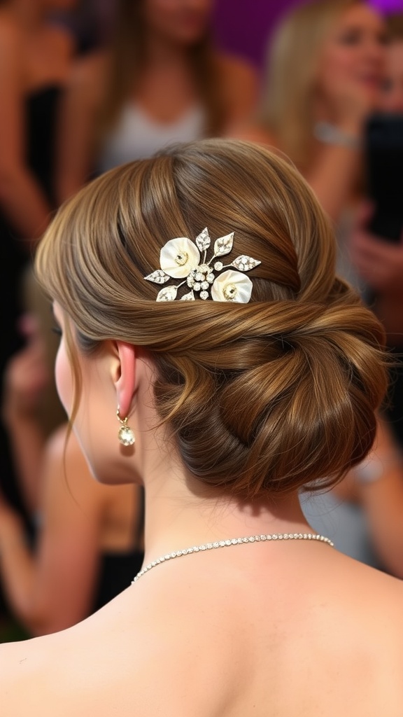 A sophisticated blowout hairstyle featuring a decorative hairpin, showcasing an elegant and refined look.
