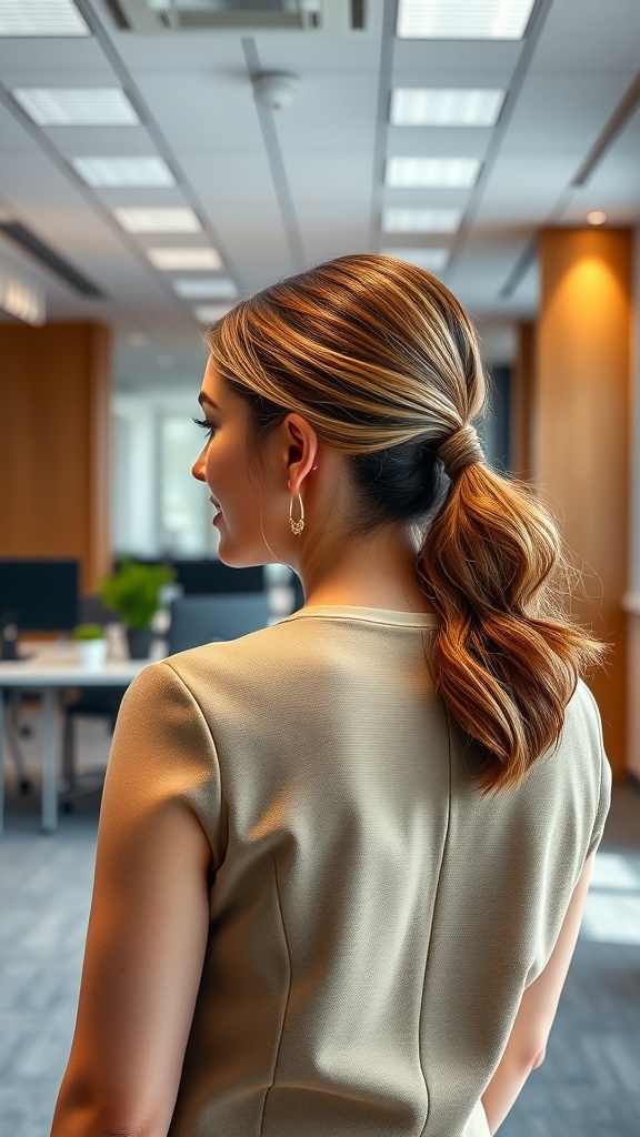 A woman with long hair styled in a sophisticated low ponytail, wearing a professional outfit in an office setting.