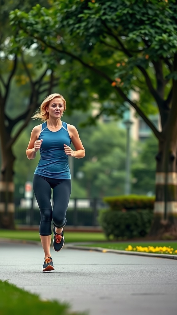 A woman with a sporty undercut bob hairstyle, dressed in athletic wear, jogging in a park.