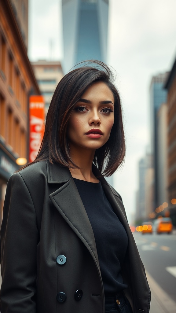 A woman with straight hair and a bold side part, wearing a stylish coat, standing in an urban setting.