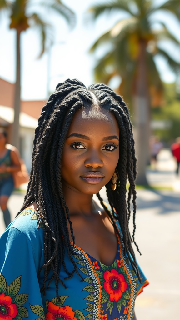 A woman with beautifully styled cornrows wearing a colorful dress in a bright outdoor setting.