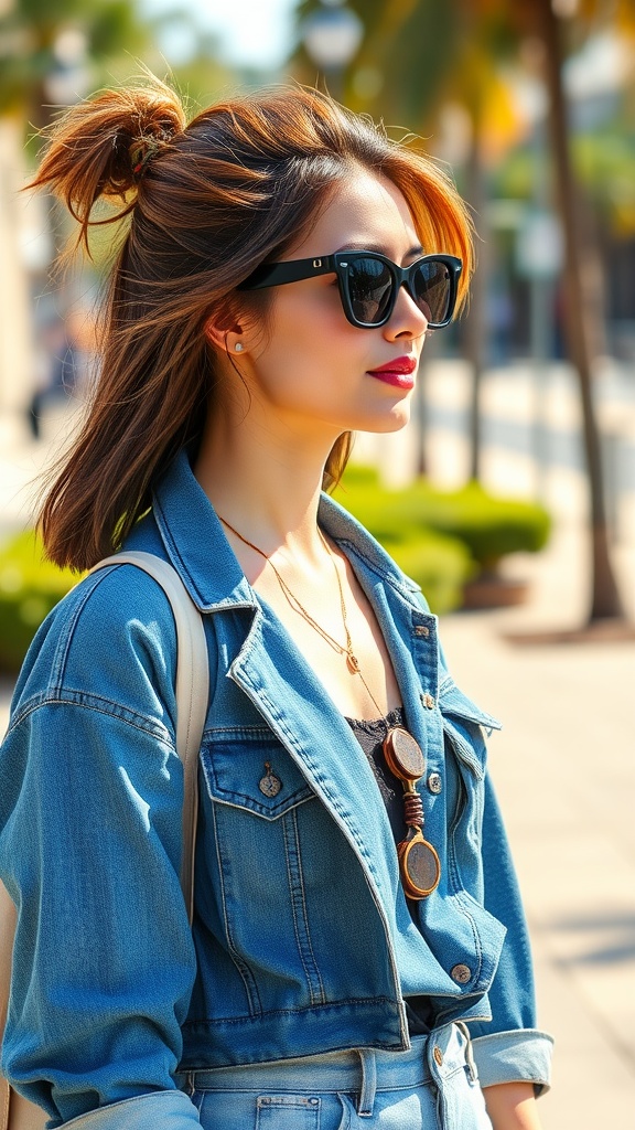 A woman wearing sunglasses and a denim jacket, showcasing a stylish half-up half-down hairstyle.