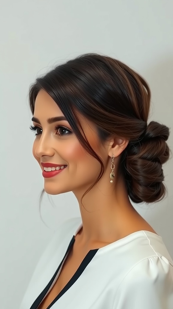 A woman with a textured low chignon hairstyle, wearing a stylish outfit.