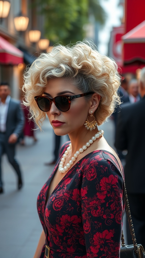 A woman with textured waves wearing sunglasses and pearl accessories