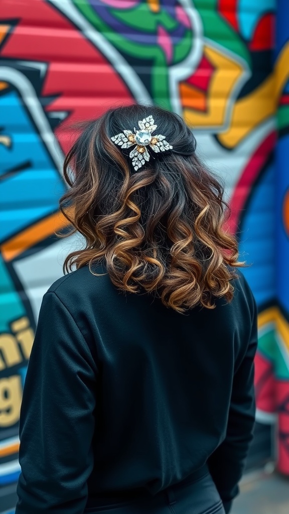 A girl with wavy hair styled with a decorative hair clip, standing in front of a colorful graffiti background.