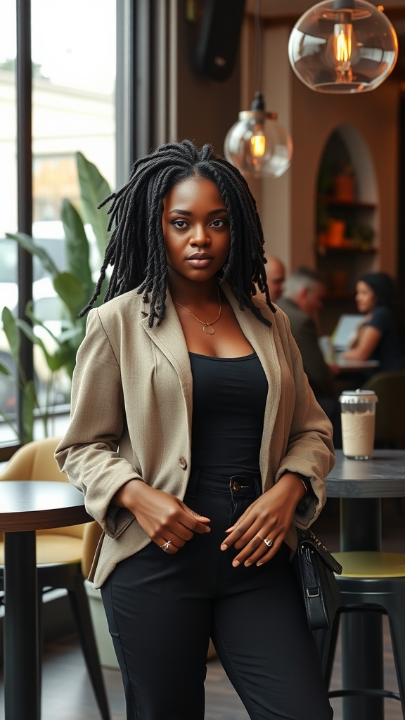 A woman with stunning faux locs, dressed in a stylish outfit, stands confidently in a modern cafe setting.