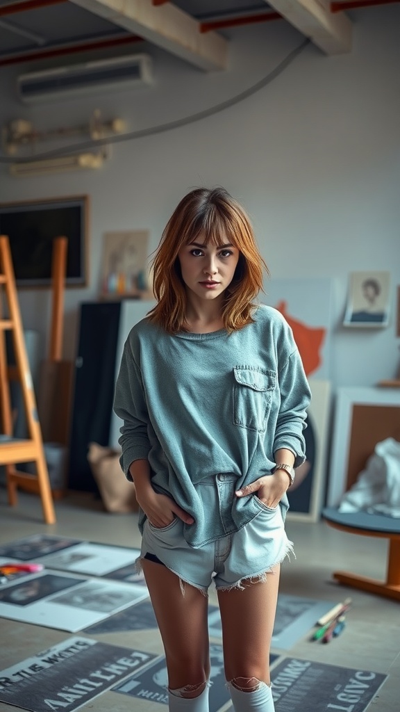 A woman with a trendy long shag haircut, wearing a casual outfit, standing in an artistic indoor setting.