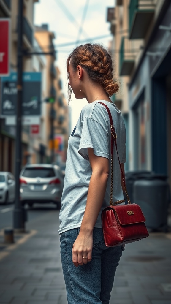 A girl with a twisted braid hairstyle, wearing a casual outfit with a red handbag.