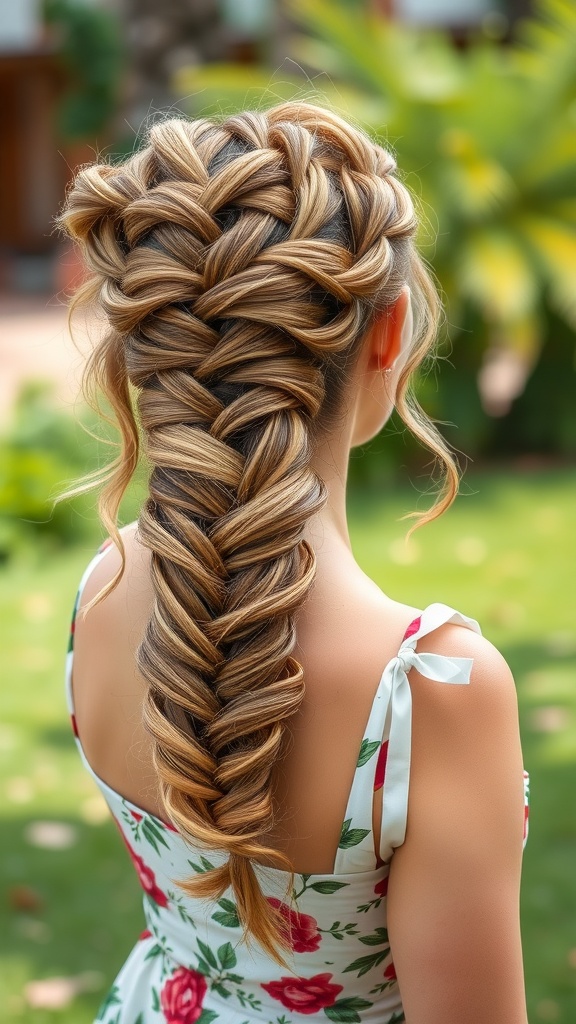 A girl with wavy hair styled in a twisted crown braid, wearing a floral dress.