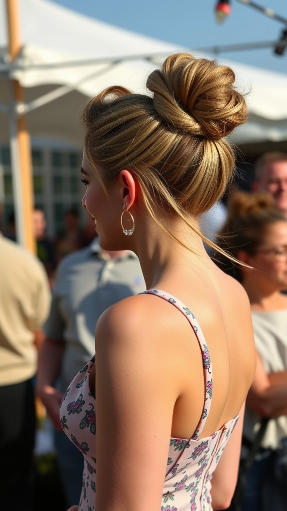 A woman with long hair styled in a twisted side updo, wearing a floral dress.