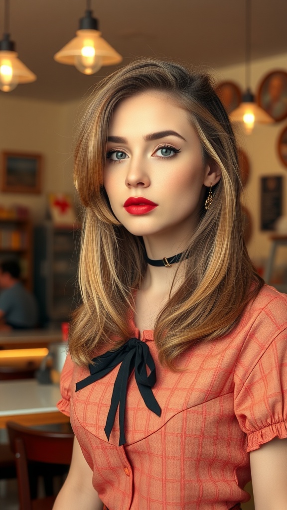 A woman with long hair styled in a vintage-inspired cut with side-swept bangs, wearing a stylish outfit.