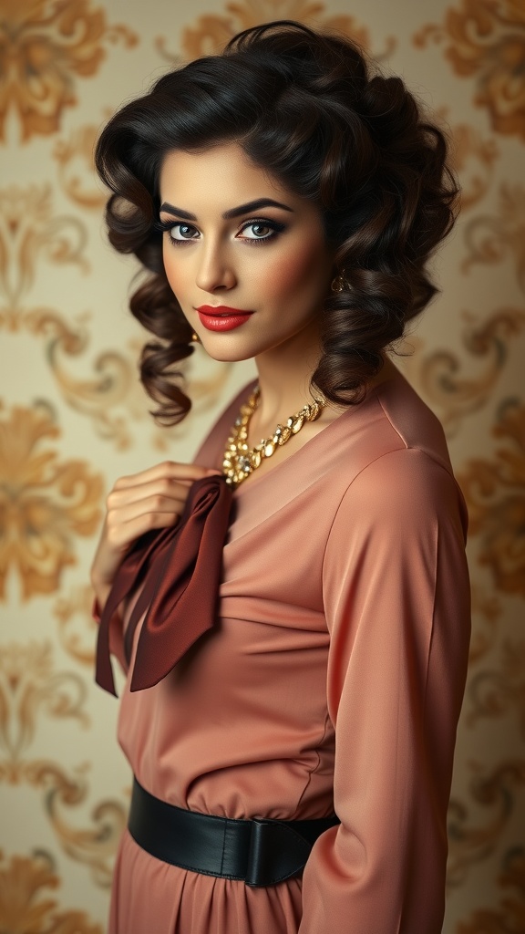 Woman with vintage Hollywood curls wearing a stylish outfit