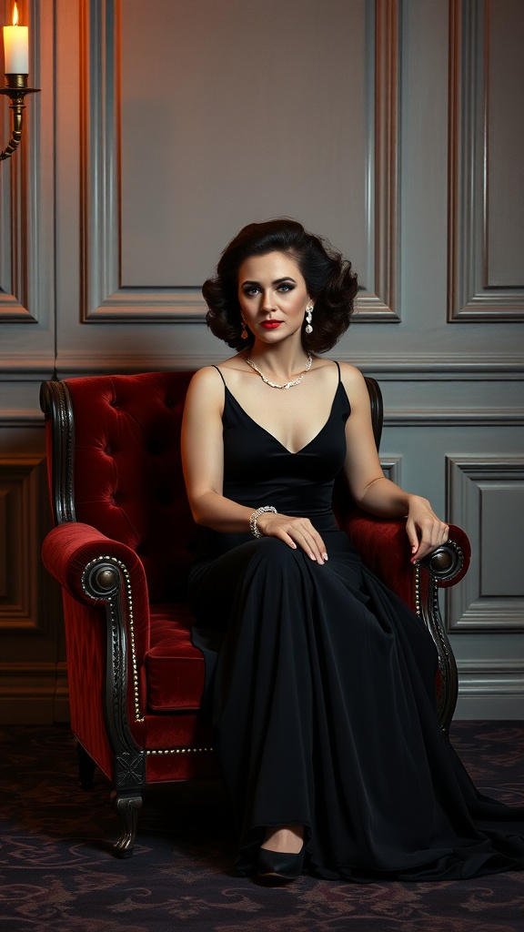 A woman with vintage Hollywood waves sitting elegantly in a stylish outfit.
