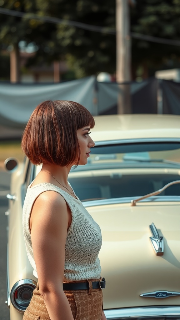 A woman with a vintage inspired undercut bob hairstyle, wearing a stylish outfit, standing beside a classic car.