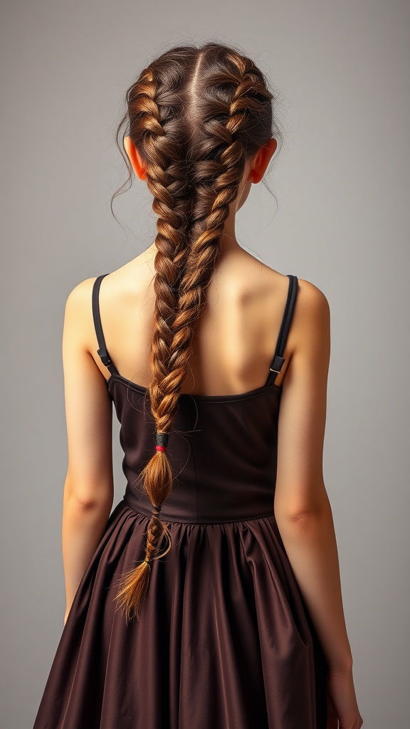 A girl with a waterfall braid hairstyle, showcasing elegant braids flowing down her back.