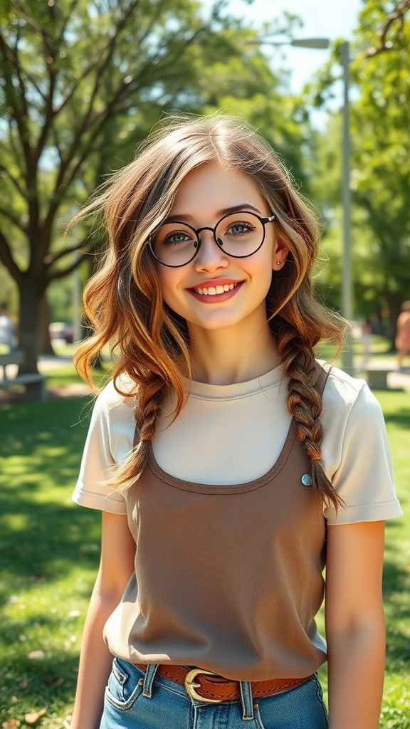 A girl with wavy hair styled with random braid accents, smiling outdoors.