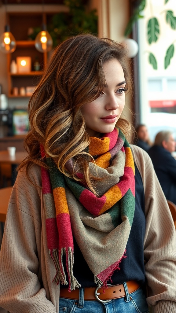 Woman with wavy hair wearing a colorful scarf in a cozy setting.