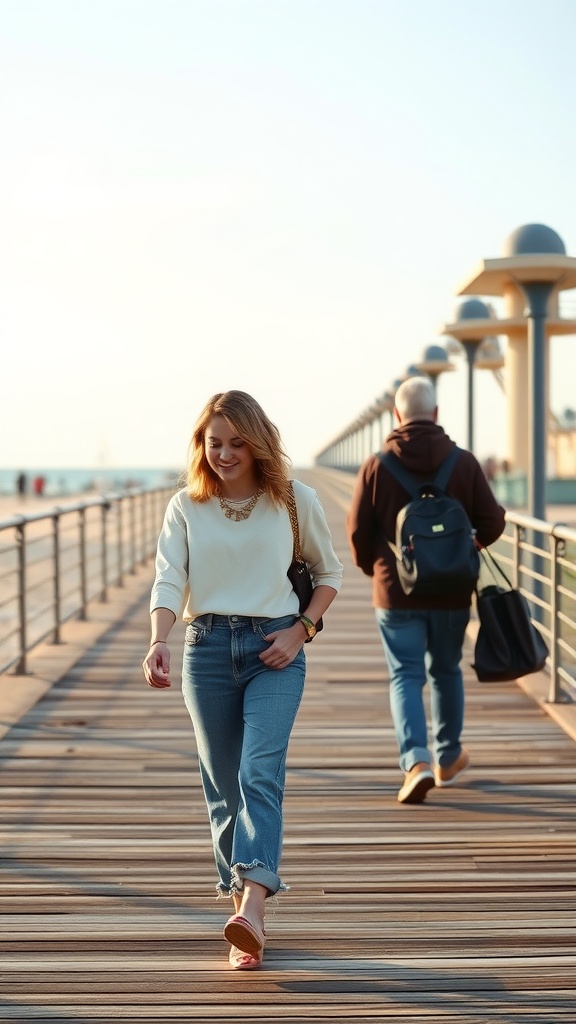 A woman with wavy hair wearing a cream sweater walking on a wooden pier, showcasing a casual yet stylish look.