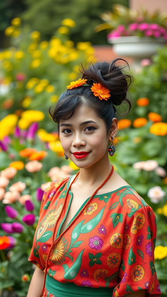 A girl wearing colorful clothes with flowers in her hair, surrounded by vibrant flowers.