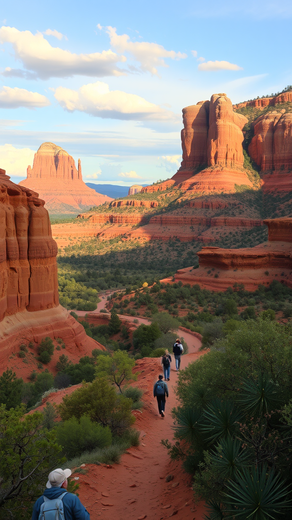 Travelers walking on a winding path surrounded by red rock formations in Sedona.