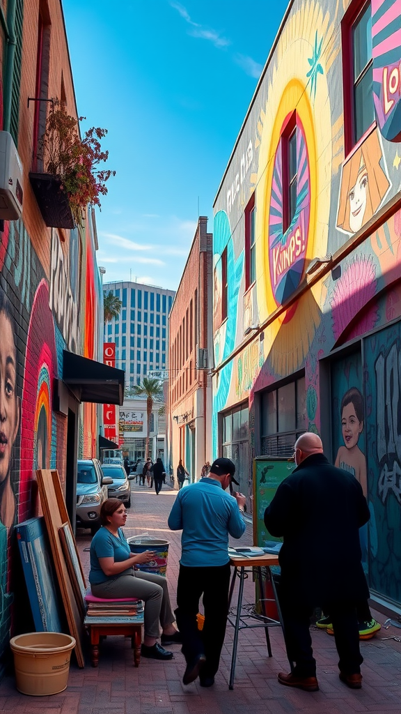 A colorful alleyway in Downtown Phoenix filled with street art, showcasing local talent and people engaging in artistic discussions.