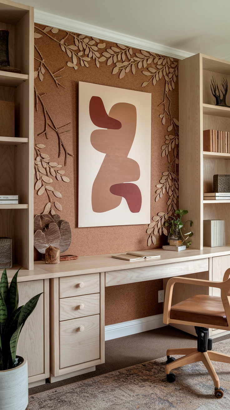 A stylish and serene home office featuring abstract earth tones and natural textures.