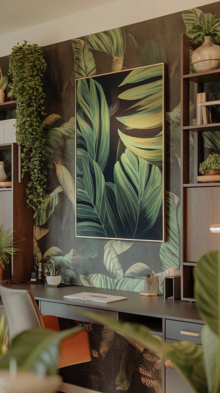 An abstract leaf pattern art piece framed and displayed on a wall, surrounded by plants in a stylish home office setting.