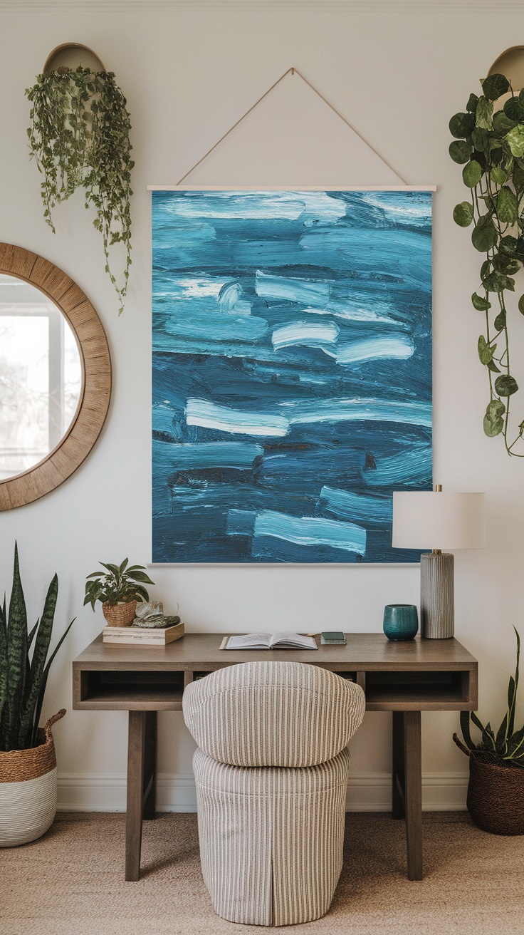 Abstract ocean waves artwork in a home office setting