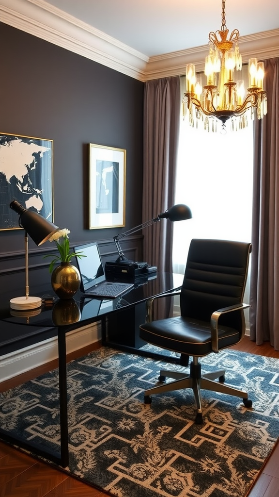 A stylish office space featuring a black desk, modern chair, and a glamorous chandelier.