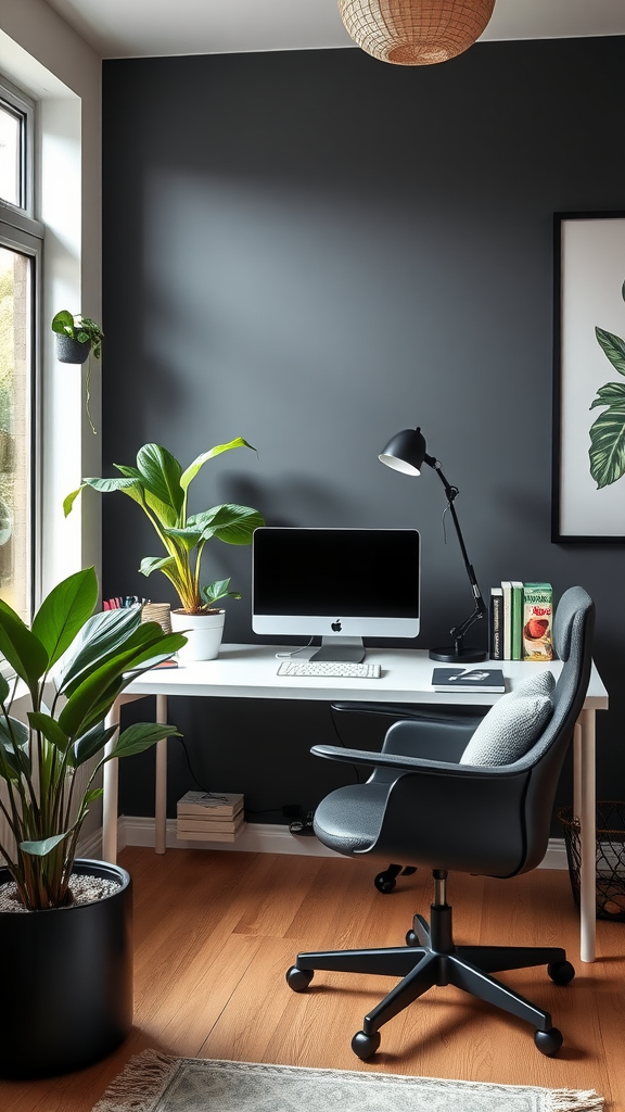 A stylish home office featuring a desk with a computer, a comfortable chair, and several green plants.