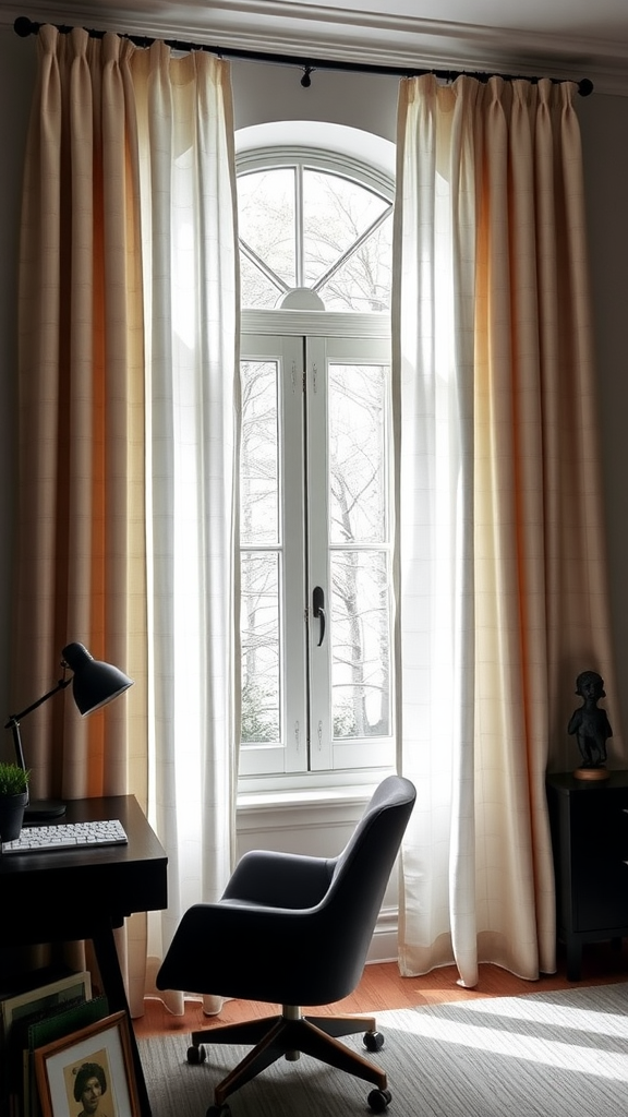 A cozy room featuring sheer curtains that add texture and warmth.