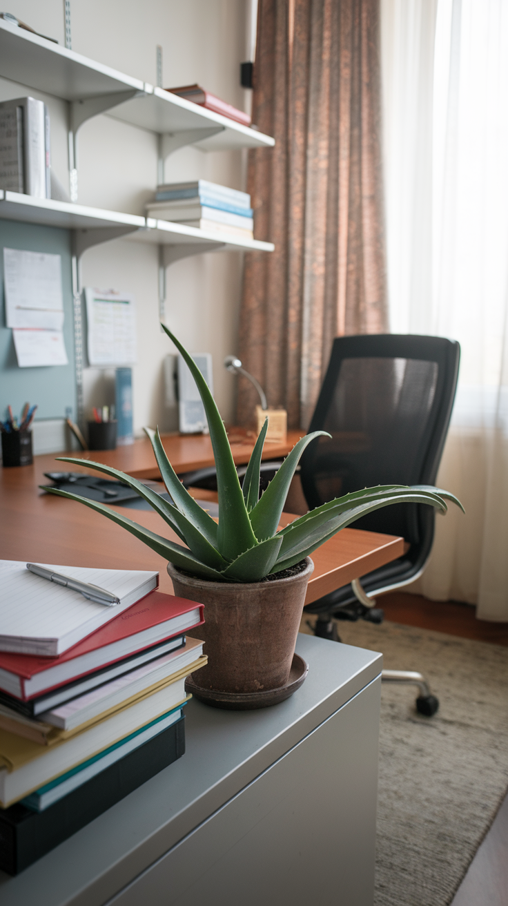 An Aloe Vera plant on a desk surrounded by books and office supplies.