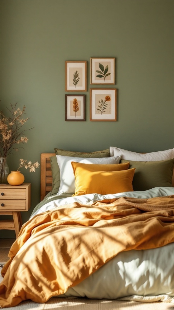 Cozy bedroom with sage green bed linens and an amber desk lamp, featuring a home office setup.