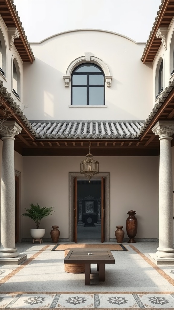 An elegant courtyard featuring Roman-inspired architecture with columns, a wooden table, and decorative pots.