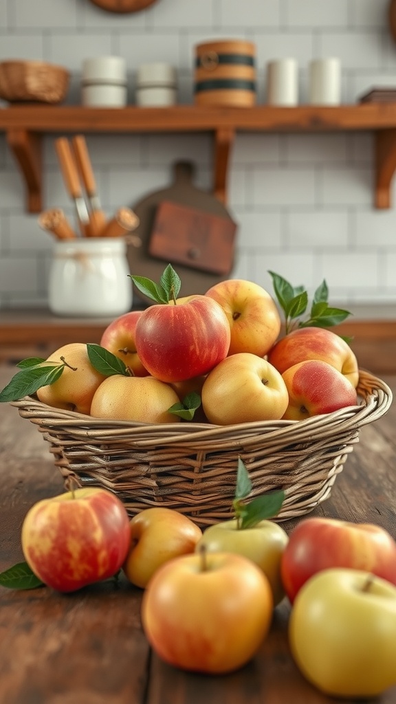 A basket of colorful apples on a wooden table, showcasing various types and sizes.