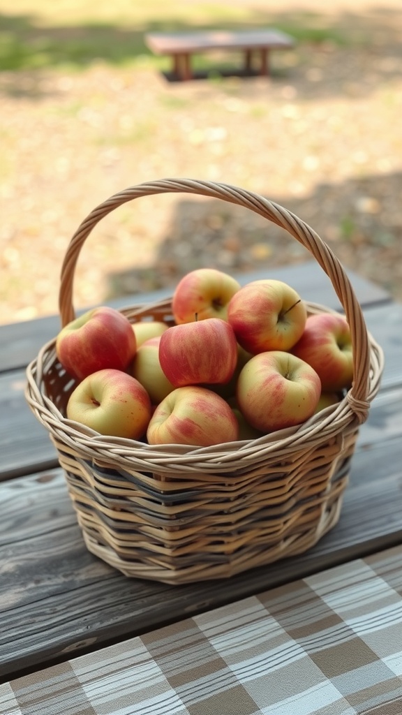 A basket filled with fresh apples on a wooden table, surrounded by nature.