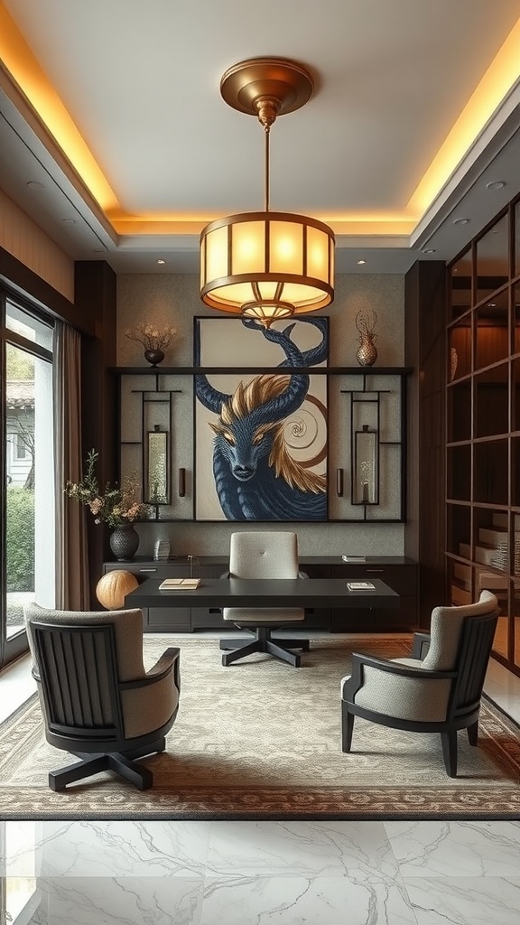 A stylish home office featuring Art Deco and Asian design elements, including modern furnishings and unique wall art.
