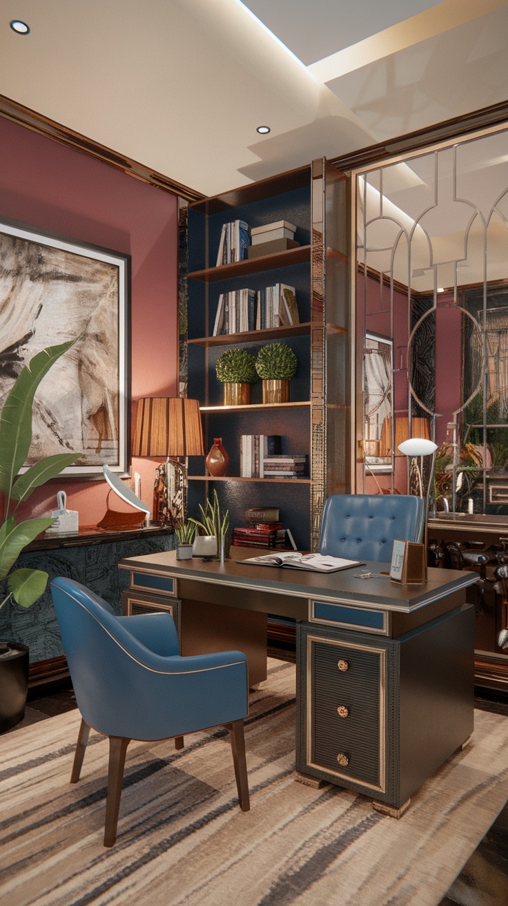 Art Deco inspired home office with maroon walls, stylish desk, blue chair, and built-in shelves