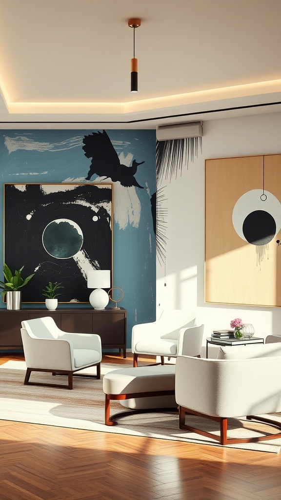 An executive office featuring abstract art, modern furniture, and a cozy atmosphere.