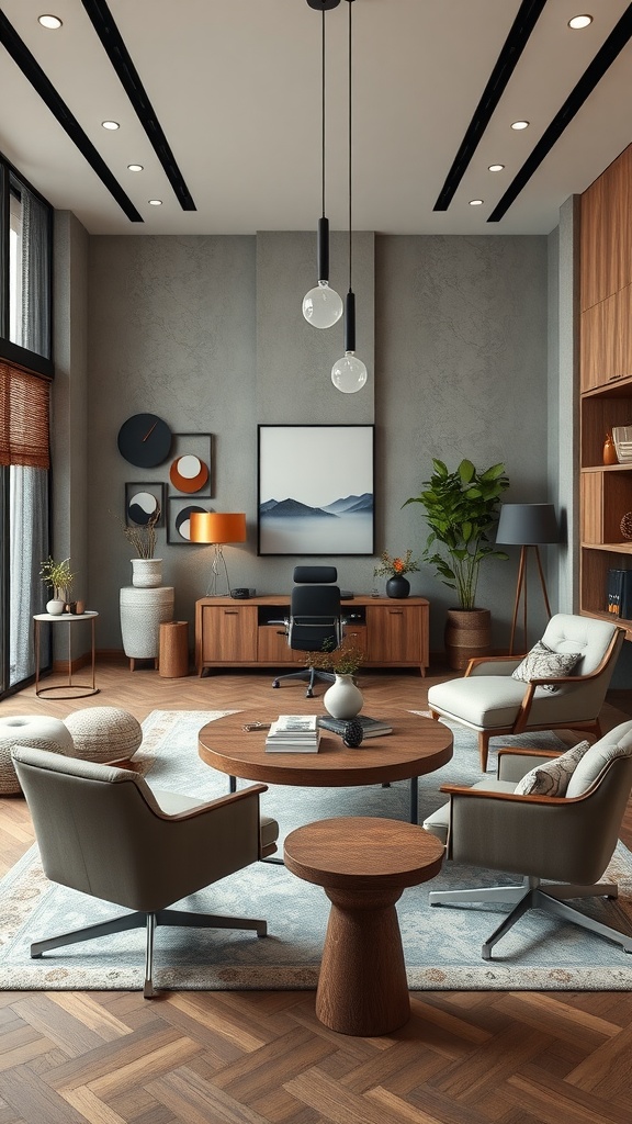 Modern executive office with wooden furniture, stylish lighting, and elegant decor