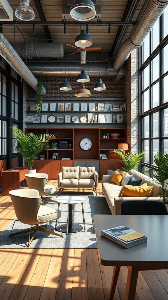 A stylish artisan industrial blend office with large windows, modern furniture, and exposed brick walls.