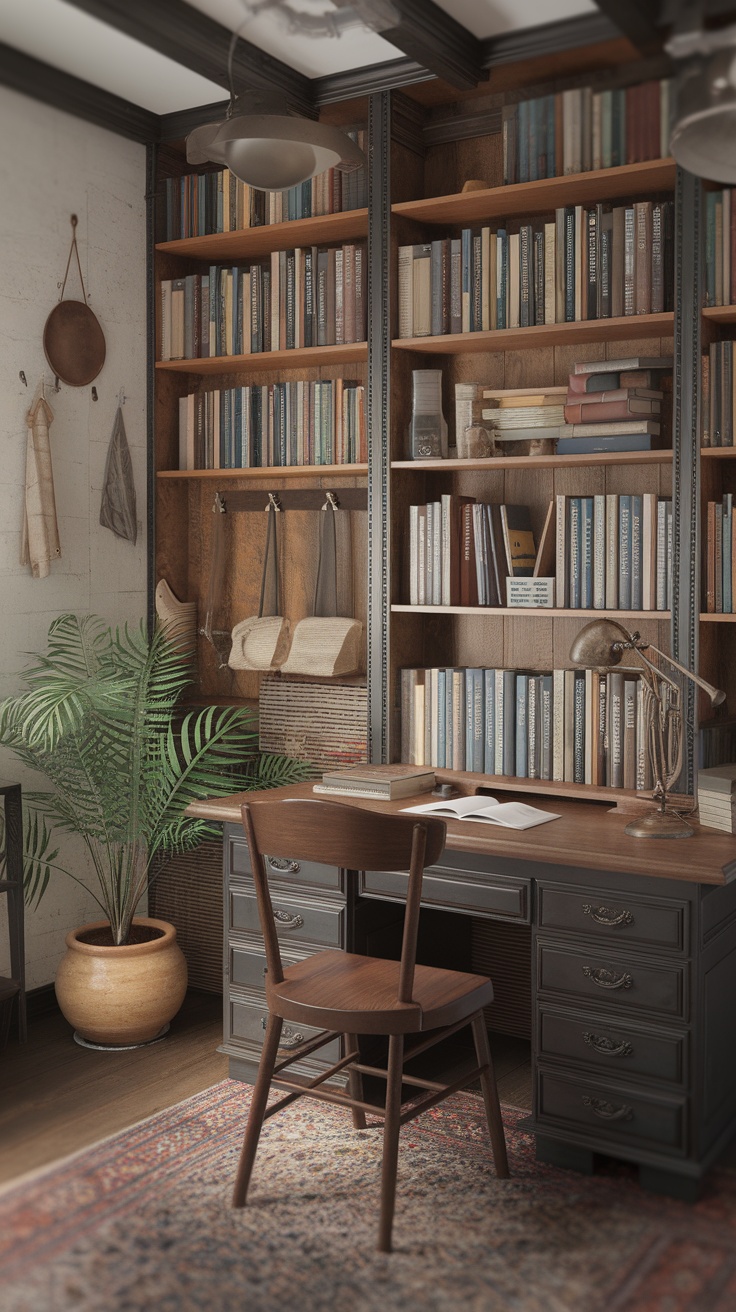 Artisan workshop office featuring a wooden desk, bookshelves filled with books, a stylish lamp, and a potted plant.