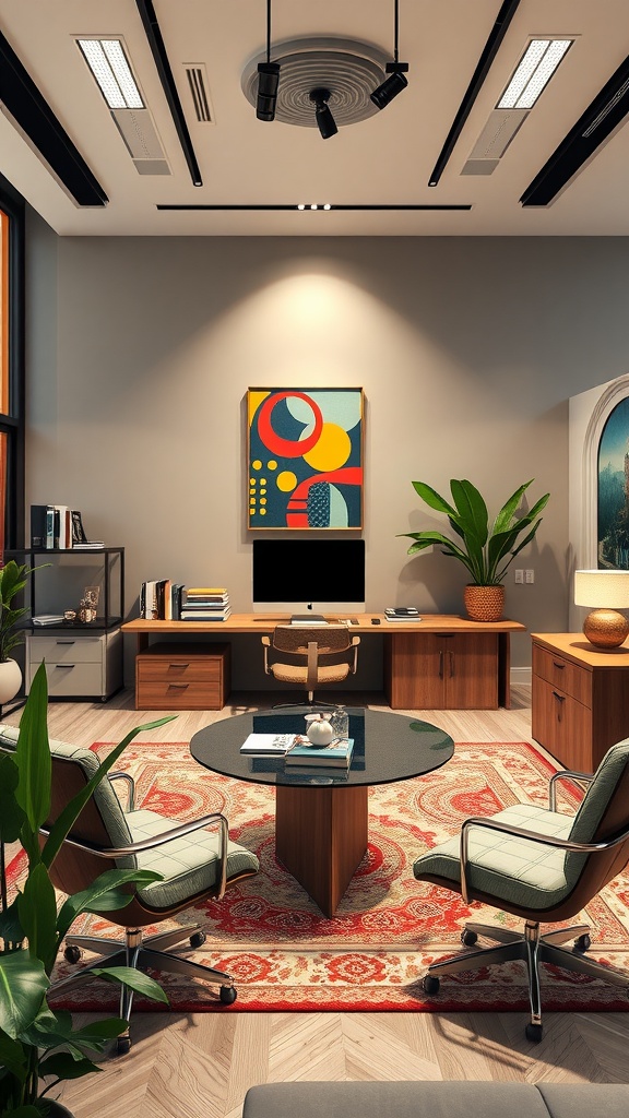 An artistic creative studio with modern furniture, vibrant art, and a cozy atmosphere.