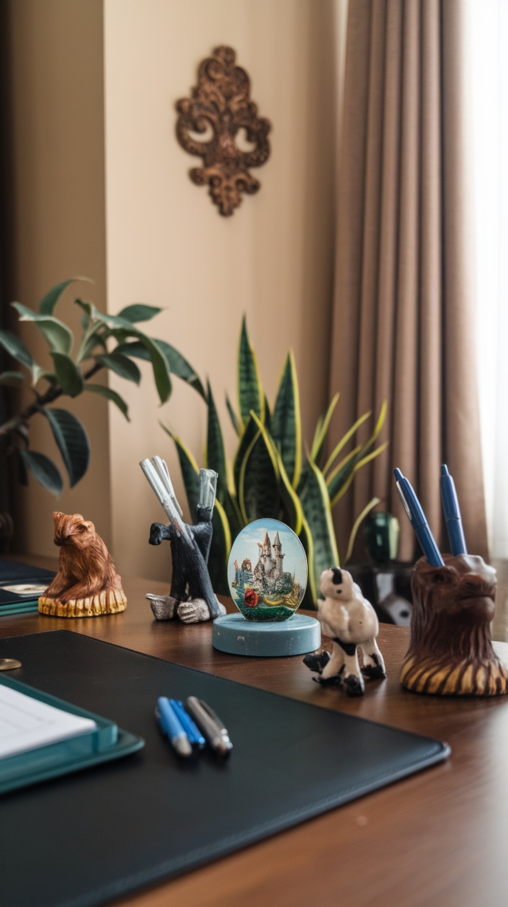 Artistic desk accessories in a feminine home office setting.