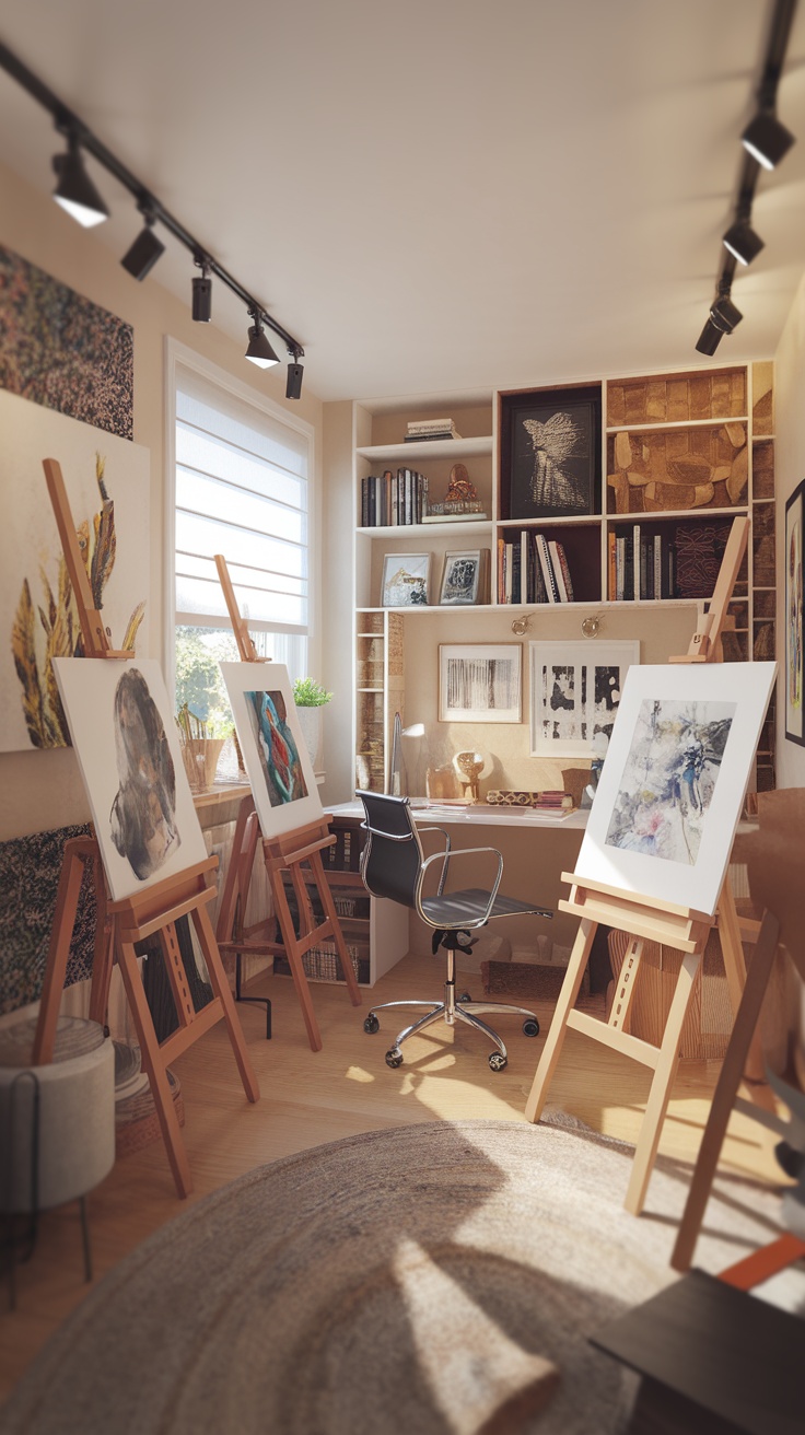 A cozy and artistic home office with easels, a modern chair, and organized shelves