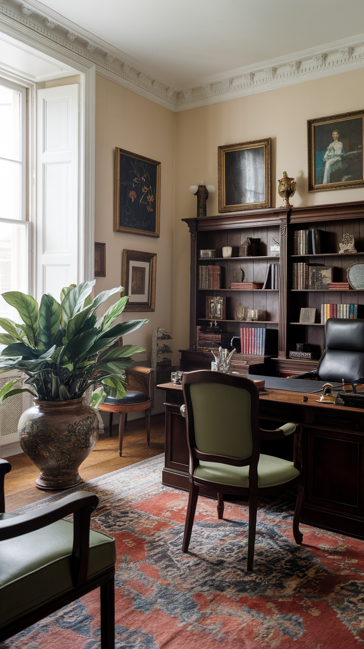 A cozy office space featuring a large Aspidistra plant, elegant furnishings, and classic decor.