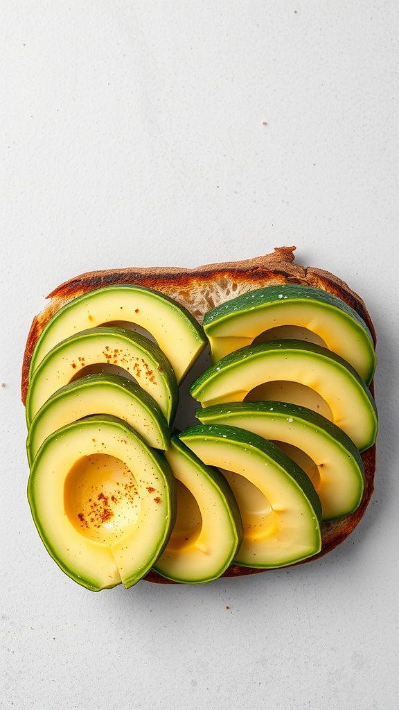 Sliced avocado arranged on toasted bread