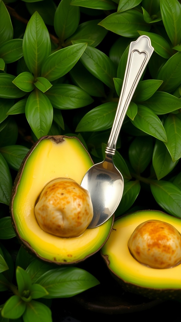 An avocado cut in half with a spoon resting inside, surrounded by green leaves.