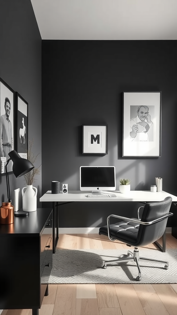 A modern minimalist office with dark walls, a sleek desk, and comfortable chair.