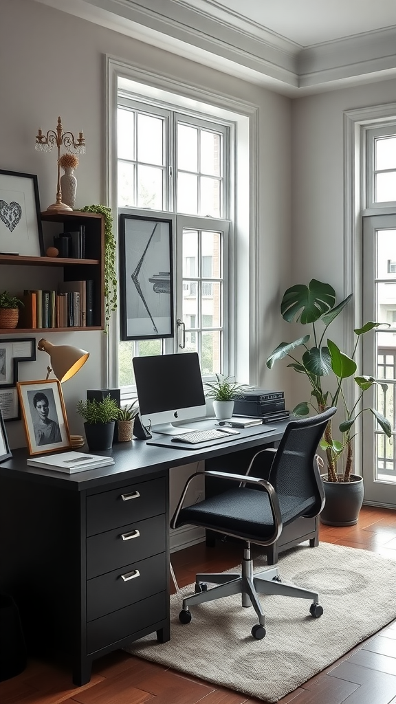 A stylish and comfortable home office setup featuring a desk with a computer, plants, and warm lighting.